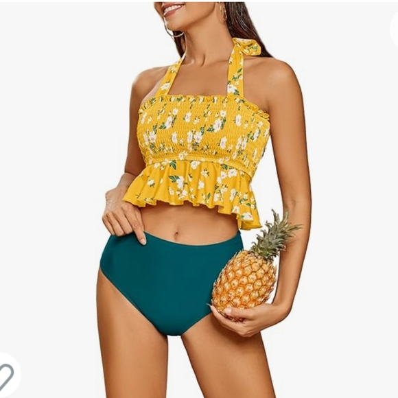 Womens High Waisted Peplum Halter Tankini Ruffle Floral Print Teen Modest Bikini - Picture 2 of 6